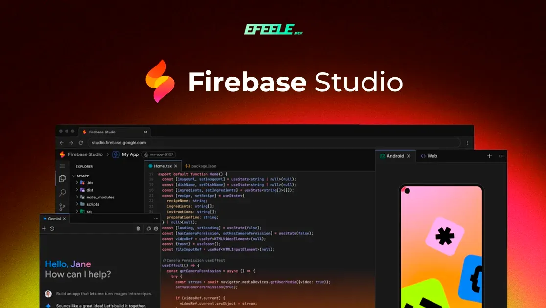 Captura de pantalla que muestra el entorno de desarrollo Firebase Studio en modo oscuro, con la estructura de archivos, el archivo Home.tsx abierto, vistas de Android y Web para previsualizar la app, y un panel de chat con Gemini, sobre un fondo degradado en tonos rojizos.