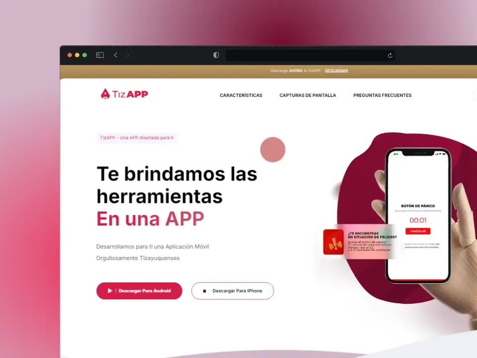 Landing page oficial de TizAPP, aplicación móvil desarrollada en Tizayuca con herramientas ciudadanas como botón de pánico. Incluye enlaces de descarga para Android e iPhone y enfoque en seguridad y servicios municipales.