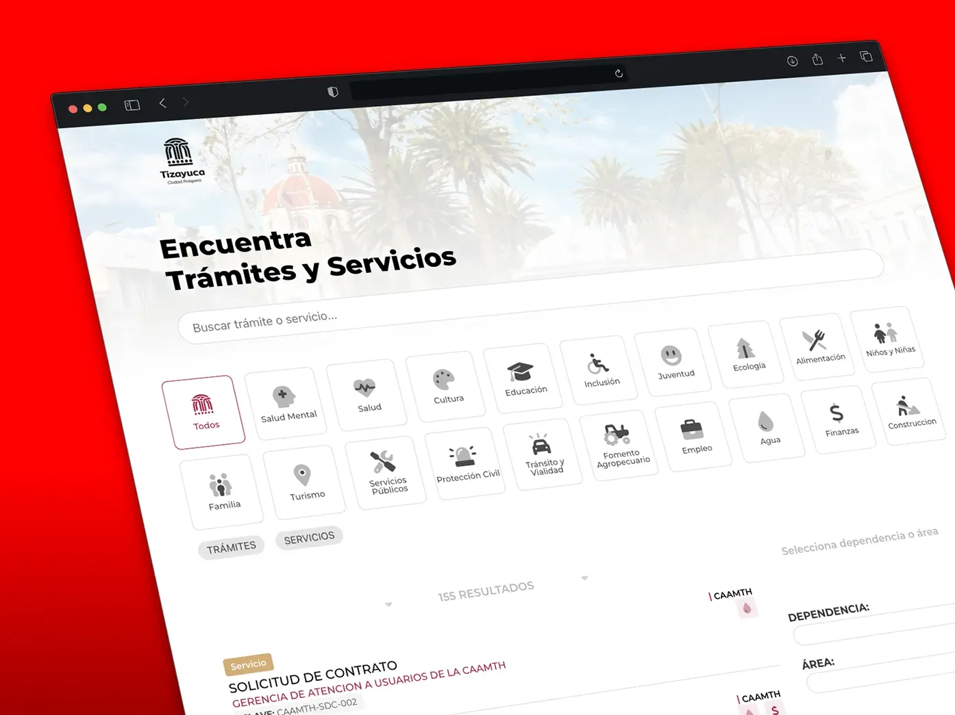 Plataforma digital de trámites y servicios del municipio de Tizayuca, con buscador inteligente y categorías como salud, educación, empleo, ecología y finanzas. Sistema para consultar y gestionar servicios públicos en línea.