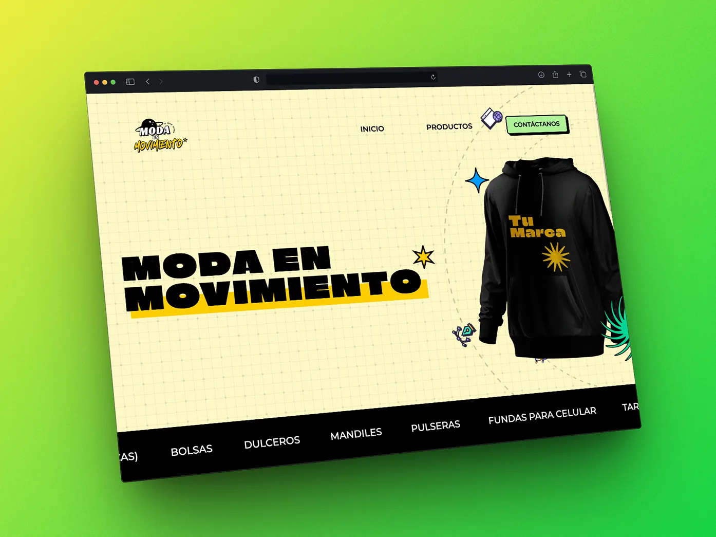 Vista previa del sitio web de Moda en Movimiento, mostrando una página de inicio con fondo amarillo cuadriculado, tipografía gruesa en negro y amarillo que dice “Moda en Movimiento”, y una sudadera negra con el texto “Tu Marca”. Diseño moderno con estilo neobrutalista y colores vibrantes en verde, amarillo y negro.